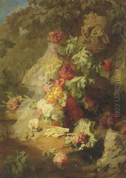 A Still Life of Lace, Flowers and Gloves in a Garden Oil Painting by Jean-Baptiste Robie