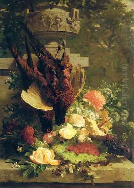 Hanging pheasants with summer flowers on a stone ledge in a garden Oil Painting by Jean-Baptiste Robie