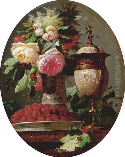 Still Life of Flowers with Raspberries and an Urn on a Table in a painted Oval Oil Painting by Jean-Baptiste Robie