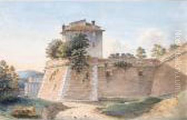 Three Views Outside Rome, One With A Roman Wall With An Archway Over Ruins Of A Temple Oil Painting by Victor-Jean Nicolle