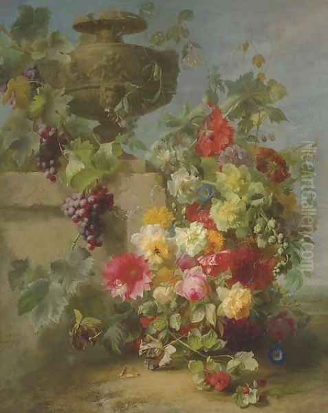 Still Life of Roses, Morning Glories, Chrysanthemums, Forget-me-nots, Grapes and Raspberries by a decorative stone Urn on a Ledge in a Landscape Oil Painting by Jean-Baptiste Robie