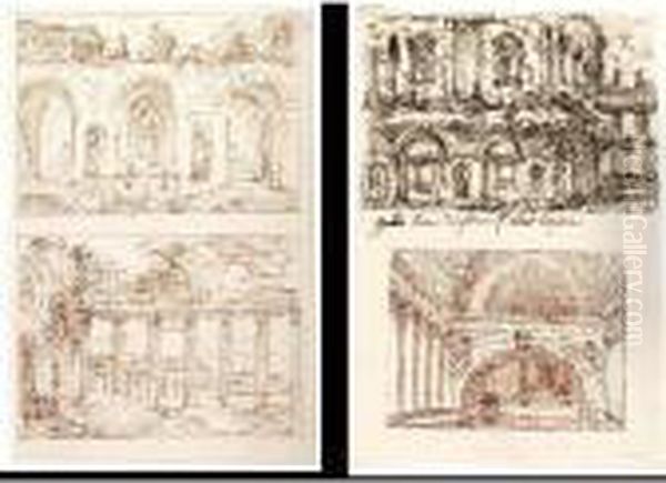 Six Sheets With Ten Studies Of Roman Buildings, Ruins And Italianate Landscapes Oil Painting by Victor-Jean Nicolle