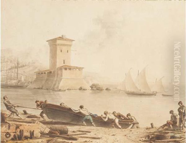 Sailors Hauling A Boat Up A Beach, A Tower Seen Across A Baybeyond Oil Painting by Victor-Jean Nicolle