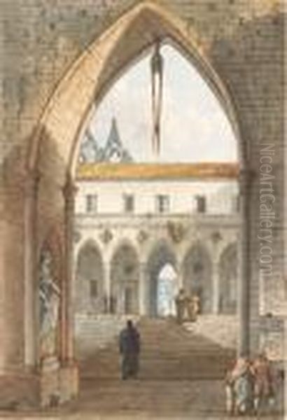 The Interior Of A Gothic Monastery Seen Through An Arch Oil Painting by Victor-Jean Nicolle