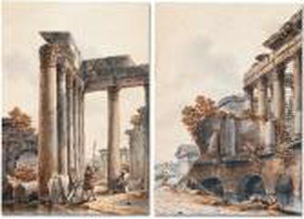 A Pair Of Views Of Roman Ruins Oil Painting by Victor-Jean Nicolle