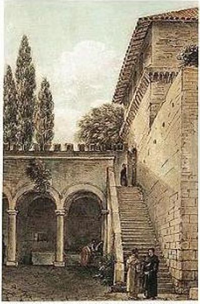 The Courtyard Of The Monastery 
At Grottaferrata, With Friars Conversing At The Foot Of A Staircase Oil Painting by Victor-Jean Nicolle