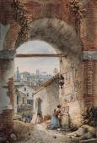 A Shrine At The Corner Of Via 
Santa Maria Maggiore And Via Sanpietro, Rome; And A View Near The 
Trinita Dei Monti, Rome. Oil Painting by Victor-Jean Nicolle