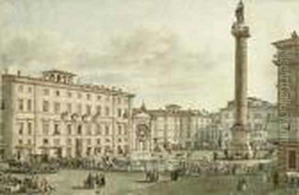 View Of The Piazza Colonna With The Column Antoninus, Rome Oil Painting by Victor-Jean Nicolle