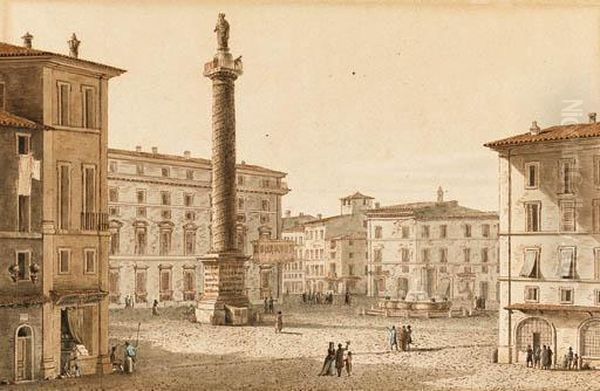 Piazza Colonna With The Column Of Marcus Aurelius, Rome Oil Painting by Victor-Jean Nicolle