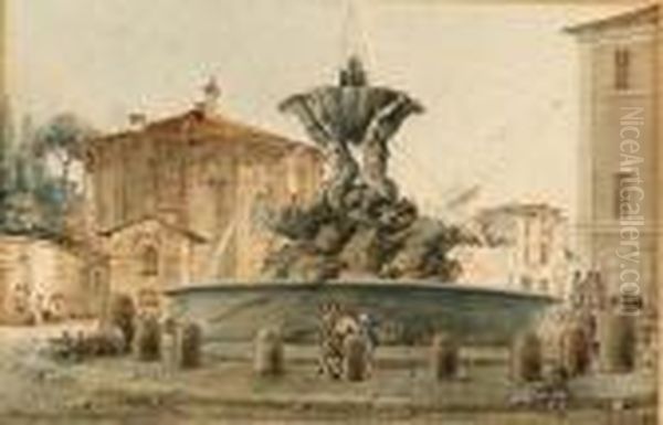 The Fountain Of The Piazza Santa
 Maria In Cosmedin With The Templeof Cybele, Saint Peter In The 
Background, Rome Oil Painting by Victor-Jean Nicolle