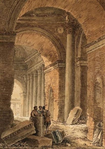 Three Soldiers In A Ruined Gallery Oil Painting by Victor-Jean Nicolle