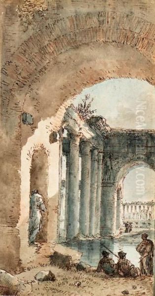 An Inundated Temple Seen Through An Arch, With A Group Of Soldiersin The Foreground Oil Painting by Victor-Jean Nicolle