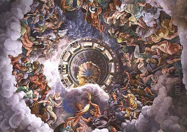 The Gods of Olympus, trompe loeil ceiling from the Sala dei Giganti, 1528 Oil Painting by Giulio Romano (Orbetto)