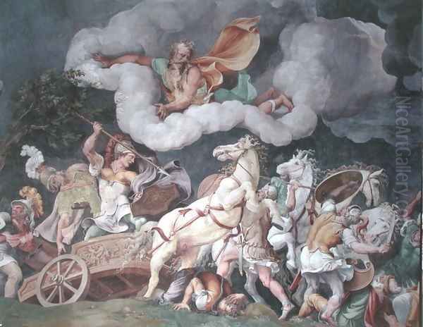 Achilles dragging the body of Hector round on his chariot, detail from the ceiling of the Sala di Troia, c.1538 Oil Painting by Giulio Romano (Orbetto)