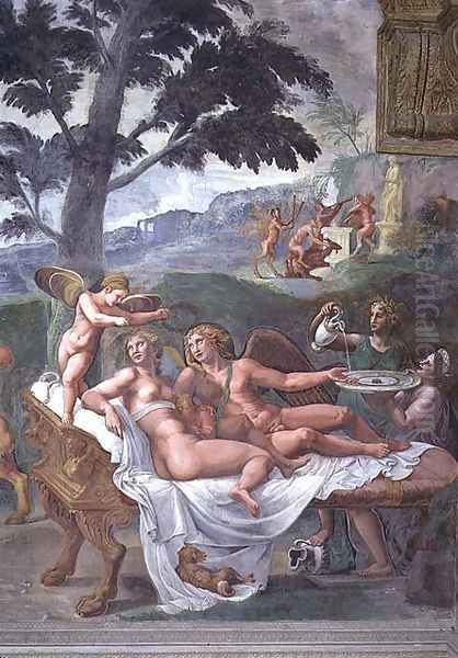 Cupid and Psyche with their daughter Voluptuousness, waited on by Ceres who pours water into a basin held by Juno, detail of the noble banquet, from the Sala di Amore e Psiche, 1528 Oil Painting by Giulio Romano (Orbetto)