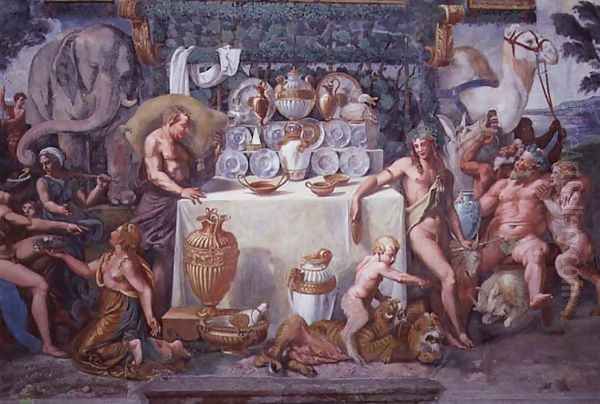 The noble banquet celebrating the marriage of Cupid and Psyche, detail showing Dionysius and Silenus to the right of a table bearing the dinner service, from the Sala di Amore e Psiche, 1528 Oil Painting by Giulio Romano (Orbetto)