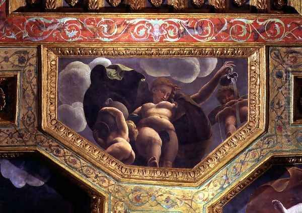 A nymph pouring water from a jug, a putto urinating and another putto holding an urn, ceiling caisson from the Sala di Amore e Psiche, 1528 Oil Painting by Giulio Romano (Orbetto)