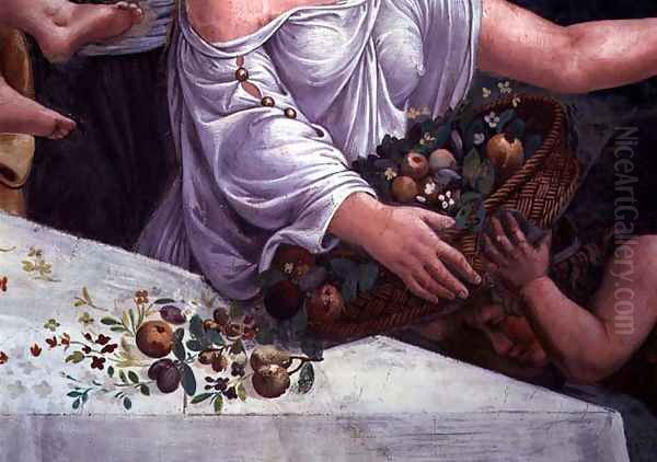 A basket of fruit and flowers, detail of the rustic banquet celebrating the marriage of Cupid and Psyche from the Sala di Amore e Psiche, 1528 Oil Painting by Giulio Romano (Orbetto)