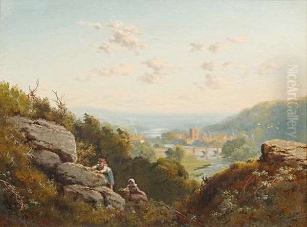 Extensive Landscape With Distant
 View Of A Town And Children Climbing Rocks In The Foreground Oil Painting by Edmund John Niemann, Snr.