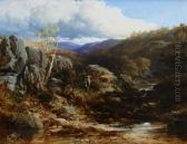 A Fisherman By A Rocky Stream Oil Painting by Edmund John Niemann, Snr.