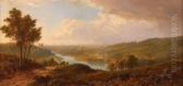 Panoramic View Of A Valley With Cottages Oil Painting by Edmund John Niemann, Snr.