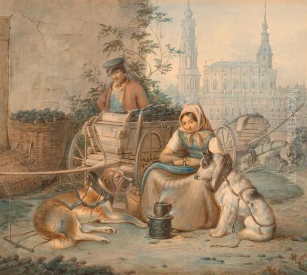 Kohlenverkauferin Mit Hundewagen Vor Der Dresdner Hofkirche. Oil Painting by Edmund John Niemann, Snr.