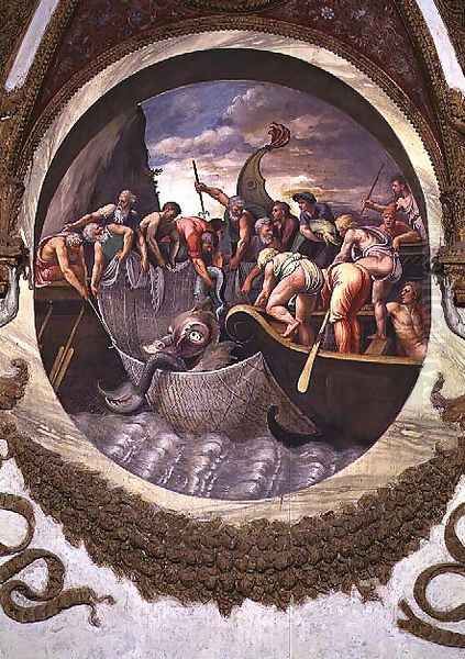 Scene showing that those born under the sign of Pisces in conjunction with the constellation of Belua are adept at fishing, symbolised by the capture of a sea monster, from the Camera dei Venti, 1528 Oil Painting by Giulio Romano (Orbetto)