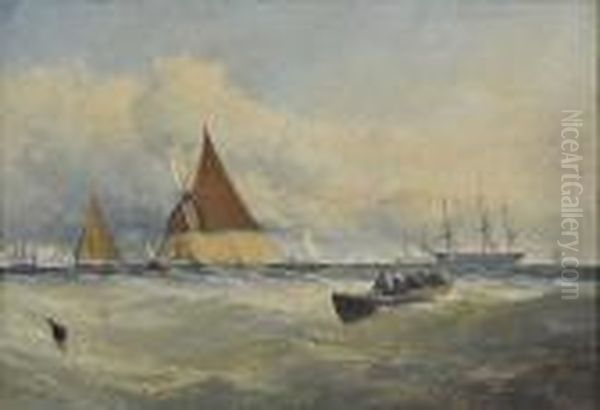 Hay Barge And Other Vessels On The Thames, Signed And Dated '58, Oil On Board Oil Painting by Edmund John Niemann, Snr.