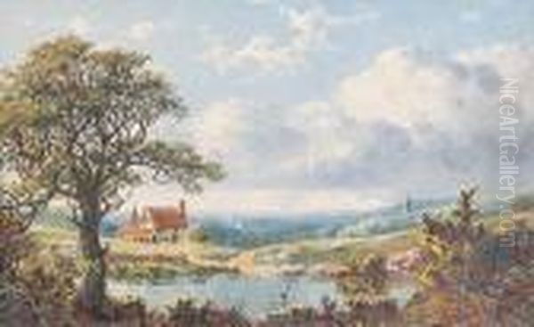 Rustic Cottage; Swans On A River Oil Painting by Edmund John Niemann, Snr.