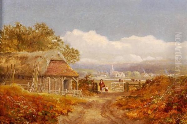 Extensive Landscape View With Children By An Open Gate Oil Painting by Edmund John Niemann, Snr.