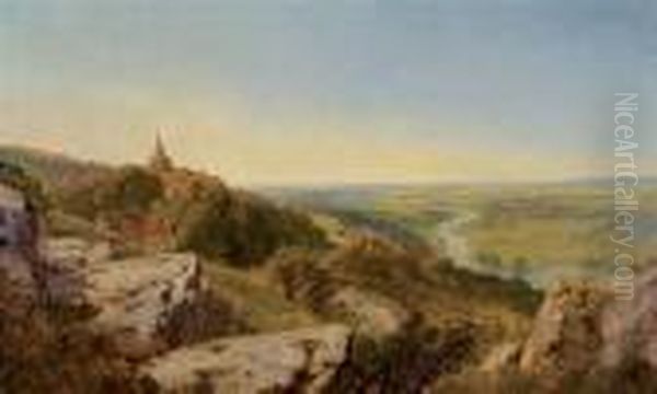 British, - A View Of Kirkbyoverblow, North Yorkshire Oil Painting by Edmund John Niemann, Snr.