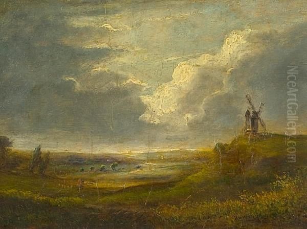 Extensive Country Landscape With Windmill And Figures Oil Painting by Edmund John Niemann, Snr.