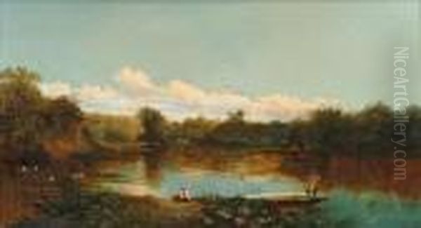 Figuresfishing On The Thames Oil Painting by Edmund John Niemann, Snr.