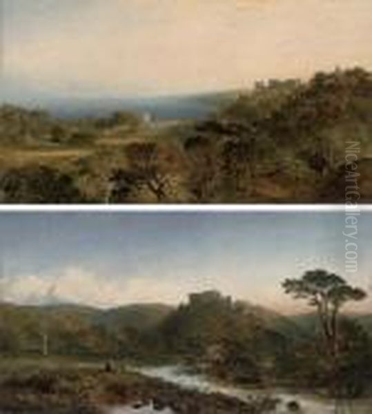 Dunster Castle, Somerset, 
Looking West Towards Dunkery Beacon, The River Anvill In The Foreground;
 And Dunster Castle, From Grobfast Hill Overlooking Blue Anchor Bay Oil Painting by Edmund John Niemann, Snr.