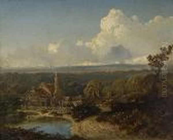 Wooded River Landscape With Cottage; And Another Similar Oil Painting by Edmund John Niemann, Snr.