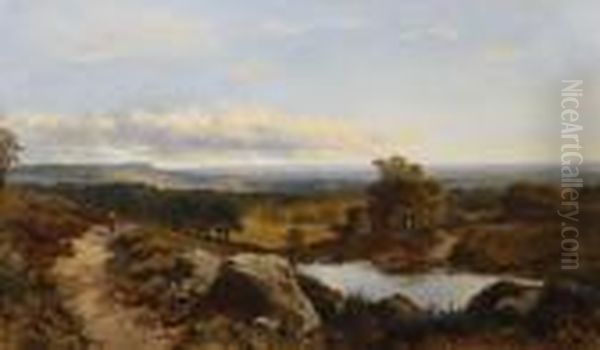 Extensive Landscape Withfigure On A Path By A Rustic Cottage And Pond Oil Painting by Edmund John Niemann, Snr.