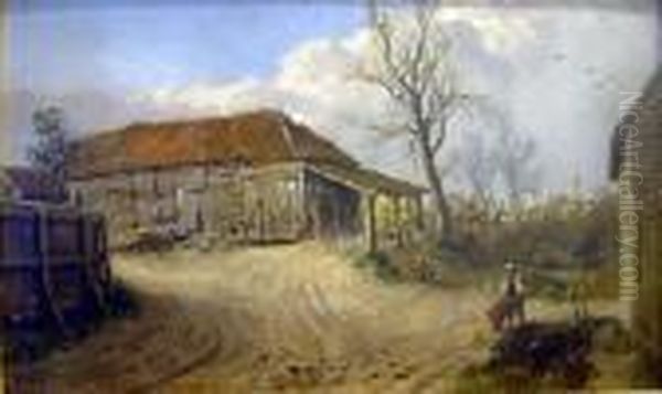 Black Horse Stables At Sidcup Signed, Inscribed And Dated 1867 10 X 18in Oil Painting by Edmund John Niemann, Snr.