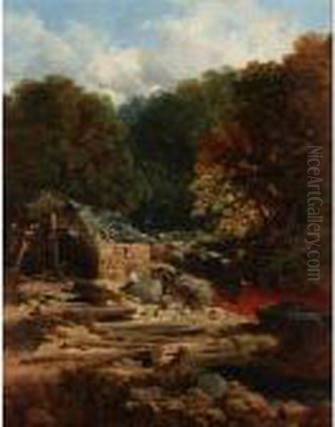 River Landscape With A Fisherman Beside A Watermill Oil Painting by Edmund John Niemann, Snr.