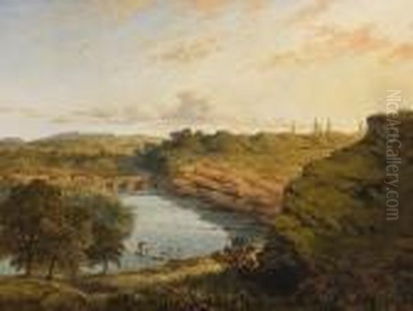 Fisherman On The River In An Extensive Landscape Oil Painting by Edmund John Niemann, Snr.