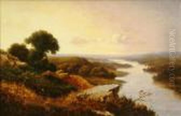 Riverlandscape With Rocky Outcrop Oil Painting by Edmund John Niemann, Snr.