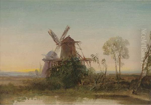 Windmills At Sunset Oil Painting by Edmund John Niemann, Snr.