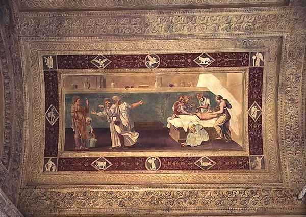 Scene of a doctor attending a sick man, ceiling painting from the Giardino Segreto Oil Painting by Giulio Romano (Orbetto)