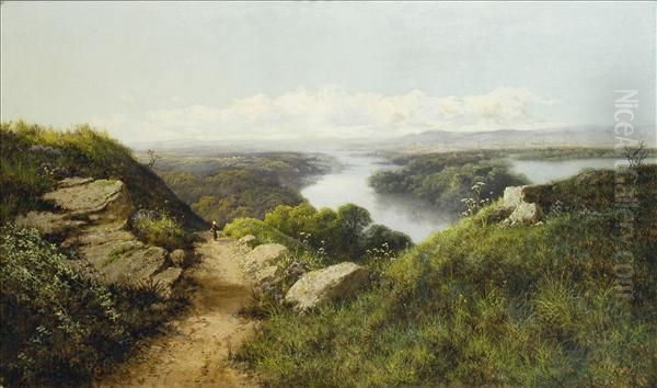 Extensiveriver Landscape, With Figure On A Path In Evening Sunlight Oil Painting by Edmund John Niemann, Snr.