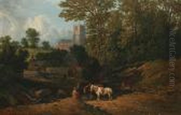 Timber Yard In A Woodland Clearing, With Horses And Figures, A Church Visible Beyond Oil Painting by Edmund John Niemann, Snr.