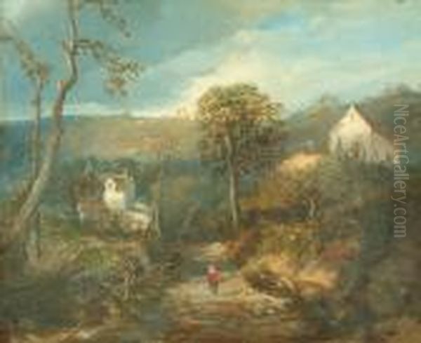 A Hilly Rural Landscape With A Figure Treading The Path Oil Painting by Edmund John Niemann, Snr.