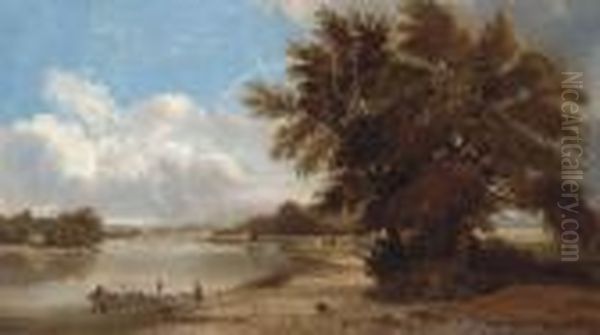 Figures In A River Landscape Oil Painting by Edmund John Niemann, Snr.