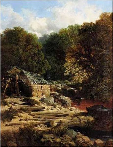 Fisherman By A Watermill Oil Painting by Edmund John Niemann, Snr.