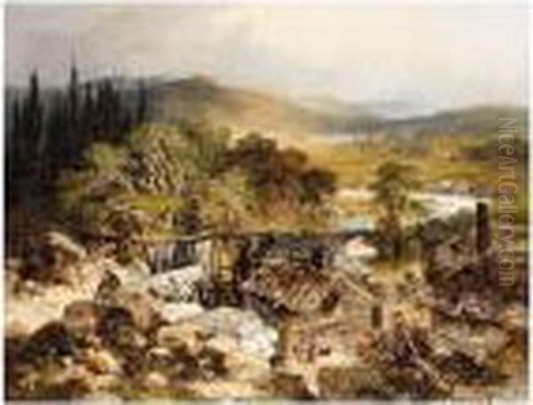 An Extensive River Landscape With Water Mill Oil Painting by Edmund John Niemann, Snr.