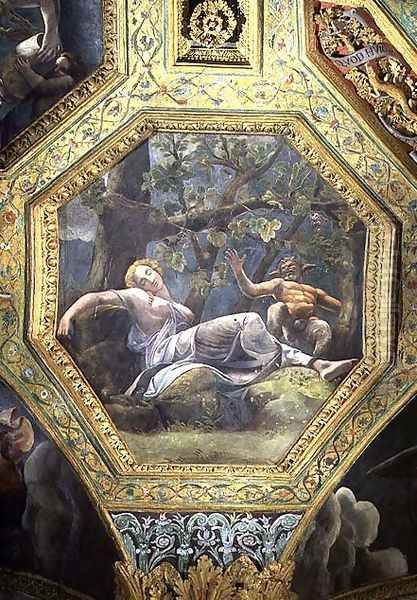 Psyche sleeping in the valley of Cupid, ceiling caisson from the Sala di Amore e Psiche, 1528 Oil Painting by Giulio Romano (Orbetto)