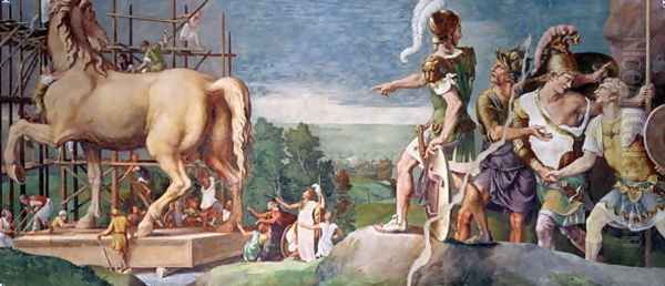 The Construction of the Wooden Horse of Troy Oil Painting by Giulio Romano (Orbetto)